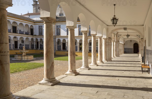 Cloisters collonade marble columns historic courtyard Evora University, Evora, Alto Alentejo, Portugal, Southern Europe, Europe