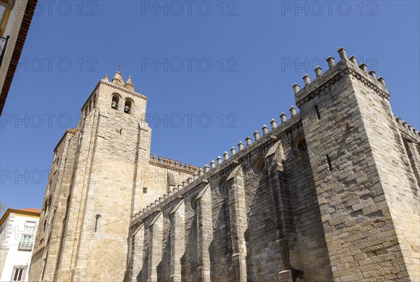 Historic Roman Catholic cathedral church of Evora, Se de Evora, in the city centre, Basilica Cathedral of Our Lady of Assumption, the largest medieval cathedral in Portugal exterior of building dating from the 16th Century