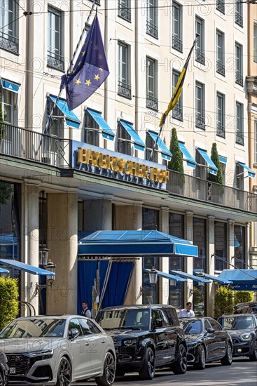 Hotel Bayerischer Hof, entrance with gold lettering and canopy, luxury hotel, venue of the Munich Security Conference, MSC, Promenadeplatz, Old Town, Munich, Upper Bavaria, Bavaria, Germany, Europe