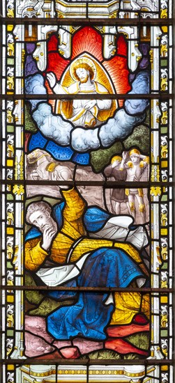 Stained glass window East Bergholt church, Suffolk, England, UK, biblical scenes c 1865 by Lavers, Barraud and Westlake