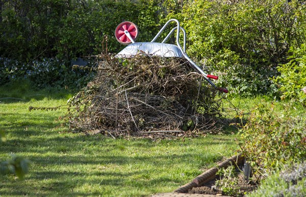 Pile garden waste held down by metal wheelbarrow, collections suspended due to Coronavirus Covid 19, Suffolk, England, United Kingdom, Europe