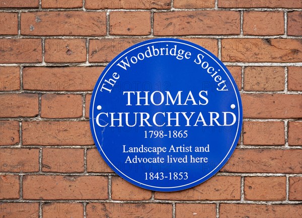 Blue wall plaque Thomas Churchyard 1798-1865, Woodbridge, Suffolk, England, UK The Woodbridge Society
