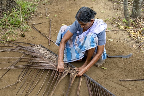 A village woman demonstrates the traditional craft of making mats from coconut leaves using her toes, Kerala Backwaters, Kerala, India, Asia