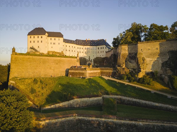 Aerial view of Koenigstein Fortress in Saxon Switzerland, Koenigstein, Saxony, Germany, Europe