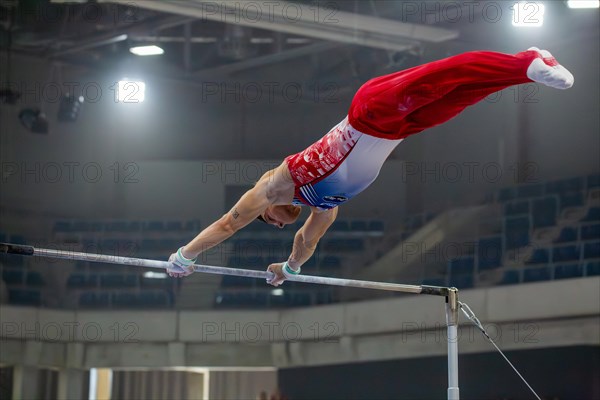 Heidelberg, 9 September 2023: Men's World Cup qualification in conjunction with a national competition against Israel. Lukas Dauser performing his routine on the high bar