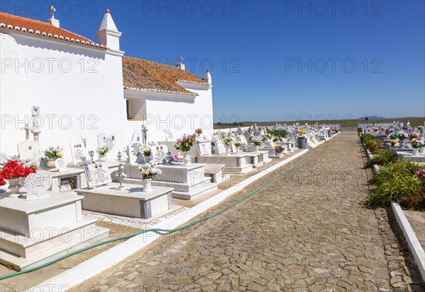 Rural catholic church and cemetery Igreja Santa Barbara de Padroes, near Castro Verde, Baixo Alentejo, Portugal, southern Europe, Europe