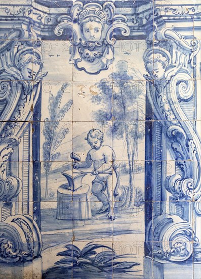 Blue and white azulejo tiles pictures related to geometry and mathematics, University of Evora, Portugal, Europe