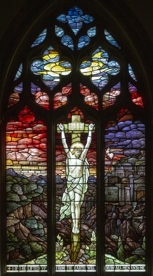 Stained glass window church of Saint Mary, Martlesham, Suffolk, England, UK, Crucifixion of Jesus Christ on Cross by Heaton, Butler and Bayne circa 1915