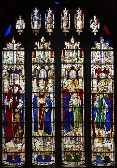 Sixteenth century stained glass window 13, Fairford, Gloucestershire, England, UK Saints Jerome, Gregory, Ambrose, Augustine