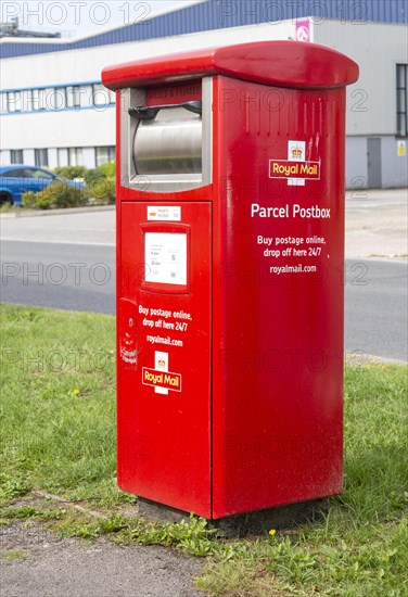 Red Parcel Postbox drop off box, Porte Marsh Industrial Estate, Calne, Wiltshire, England, UK