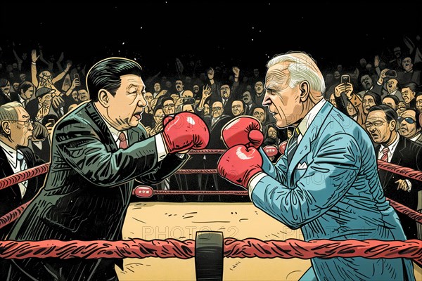 Caricatured depiction of a boxing match between Xi Jinping and Joe Biden in front of an excited audience, symbolising the cultural, ideological and economic struggle between China and the USA, AI generated, AI generated