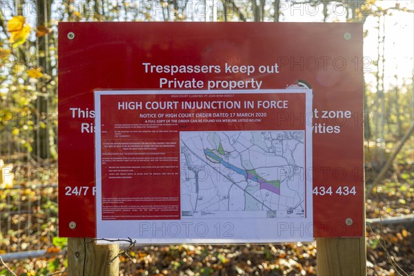 HS2 construction site Crackley Woods, Kenilworth, Warwickshire, England, UK, November 2020, trespassers keep out sign notice