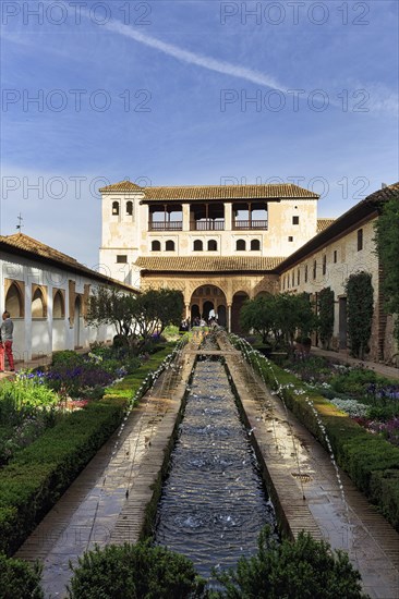 Tourists in the Patio de la Acequia, gardens with water basin, water features, Moorish palace, Generalife Gardens, Alhambra, UNESCO World Heritage Site, Granada, Spain, Europe