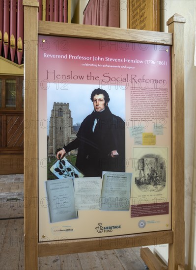 Display about Reverend Professor John Stevens Henslow (1796-1861), Hitcham church, Suffolk, England, UK tutor to Charles Darwin