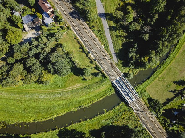 Railway bridge over the Schwarze Elster, Hoyerswerda, Saxony, Germany, Europe
