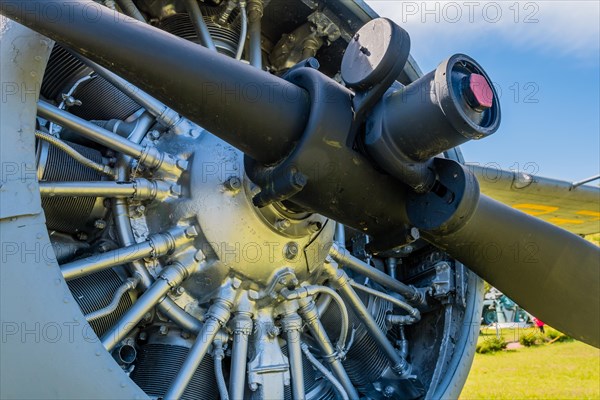 Closeup of propeller and radial engine of antique airplane on display in public park in Seosan, South Korea, Asia