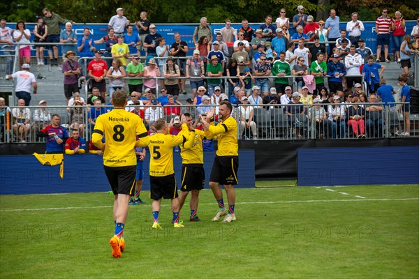 Fistball World Championship from 22 July to 29 July 2023 in Mannheim: The German national team won its opening match against Namibia with 3:0 sets. Pictured here: The Namibia national team after winning a point