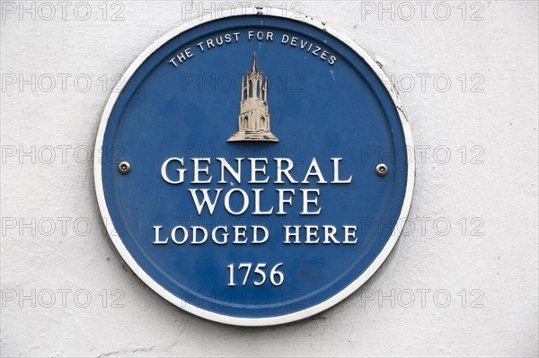 Blue wall plaque General Wolfe lived here sign 1756, Devizes, Wiltshire, England, UK