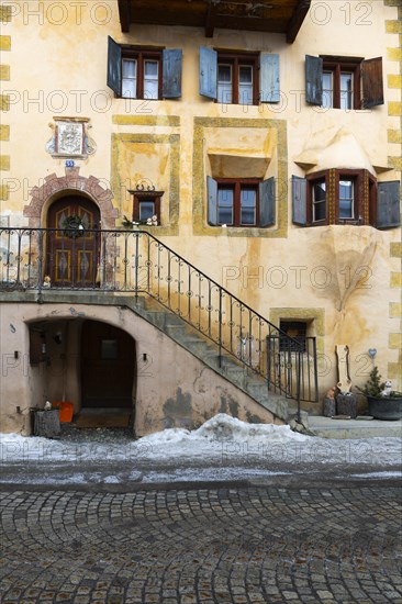 Staircase, window, historic house, sgraffito, facade decorations, Ardez, Engadin, Graubuenden, Switzerland, Europe