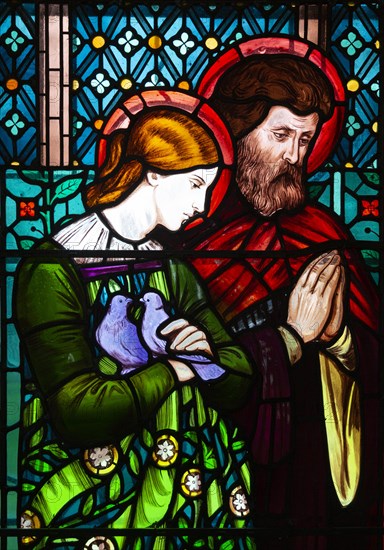 Stained glass window by Henry Holiday 1863 Shimpling church, Suffolk, England, UK Pre-Raphaelite artist, Mary and Joseph