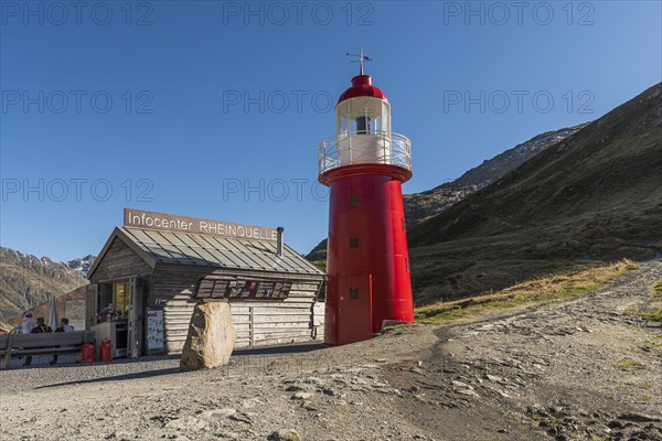 Oberalp Pass, lighthouse and Rhine spring information centre at the top of the pass, canton of Graubuenden, Switzerland, Europe