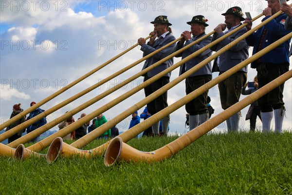 Alphorn players in Bavaria Germany . The alphorn is a traditional wind instrument in the Alps (Waltenhofen, 03/10/2019)