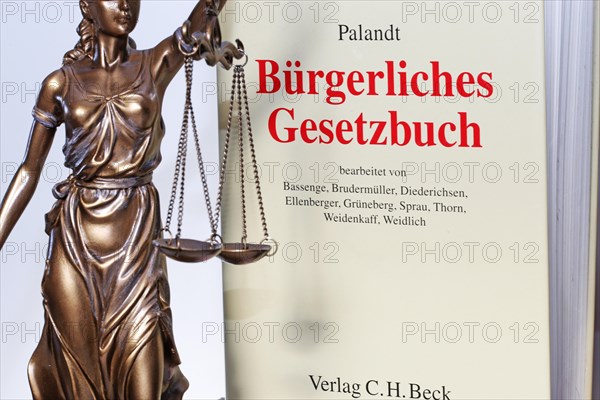 Symbolic image of a court judgement: Justitia with the Palandt (German Civil Code) in the background