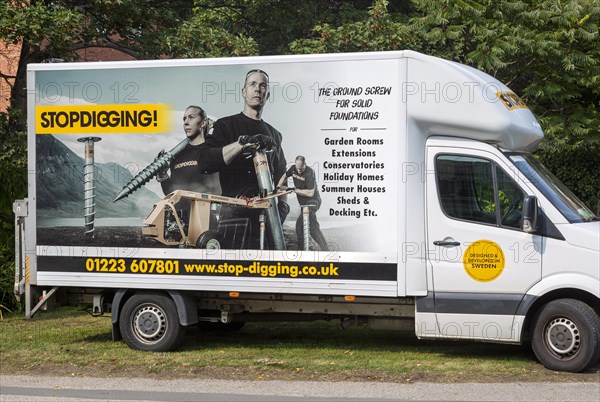 Stopdigging ground screw business van advertising, Ipswich, England, UK