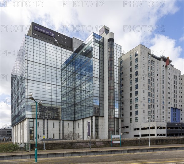 Modern architecture Premier Inn Cardiff City centre hotel building seen from Queen Street station, Cardiff, South Wales, UK