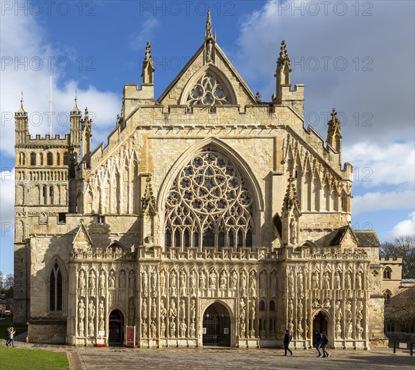 Medieval West Front Image screen stone carvings, Gothic architecture c 13th century, Exeter Cathedral church, Exeter, Devon, England, UK