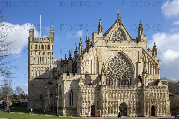 Medieval West Front Image screen stone carvings, Gothic architecture c 13th century, Exeter Cathedral church, Exeter, Devon, England, UK