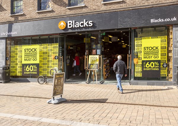 Stock liquidation everything must go store sale, Blacks shop in Newbury, Berkshire, England, UK