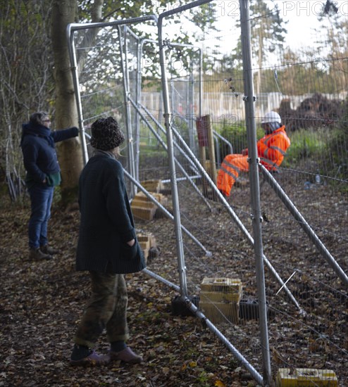 HS2 construction site Crackley Woods, Kenilworth, Warwickshire, England, UK, November 2020, security guard and fence