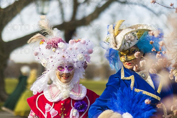 LUST & PASSION & JOY OF LIFE, for the joy of the masquerade, the Elbvenezian Carnival took place in Dresden on the weekend in front of Rose Monday. The highlight was the joint stroll through the historic centre with masks in robes in the style of the Elbe Venetian Carnival from the Neumarkt through the Altmarktgalerie, the Schlossstrasse, through the Stallhof, along the Fuerstenzug, onto the Bruehlsche Terrasse and into the Bruehlsche Garten, Dresden, Saxony, Germany, Europe