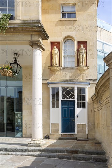 Architectural details outside Thermae Bath Spa building, Bath, Somerset, England, UK