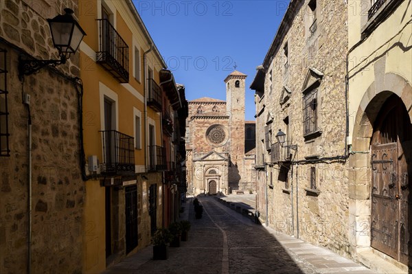 View from Calle Mayor of cathedral church, Catedral de Santa Maria de Sigueenza, Siguenza, Guadalajara province, Spain, Europe