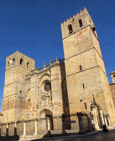 Romanesque facade of Cathedral church, Catedral de Santa Maria de Sigueenza, Siguenza, Guadalajara province, Spain, Europe