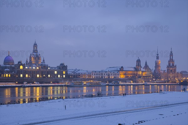The silhouette of Dresden's Old Town with its historic buildings is reflected in the Elbe, Dresden, Saxony, Germany, Europe