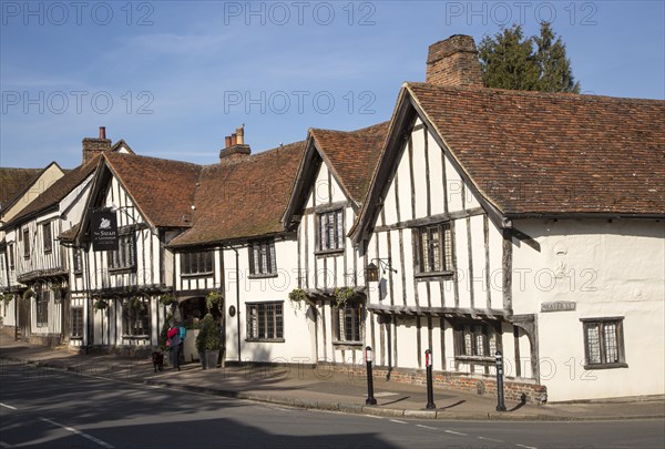 Historic Tudor architecture of the Swan Hotel, Lavenham, Suffolk, England, UK