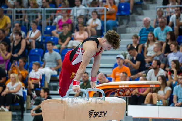 Heidelberg, 9 September 2023: Men's World Championship qualification in conjunction with a national competition against Israel. Alexander Kunz performing his pommel horse routine