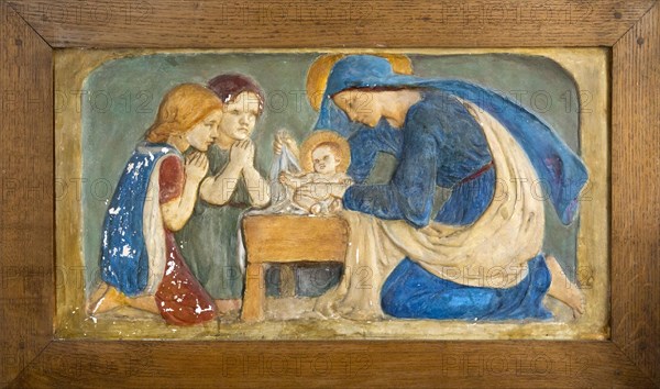 Nativity panel in plaster with blessed Virgin Mary baby Jesus and two children by Ellen Mary Rope (1855-1934), Church of Saint Margaret, Leiston, Suffolk, England, UK