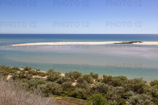 Coastal wooded landscape of pristine beaches and lagoon behind offshore sandbar, Cacela Velha, Vila Real de Santo Antonio, Algarve, Portugal, Southern Europe, Ria Formosa Natural Park, Europe