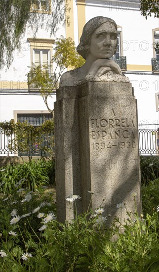 Statue bust sculpture of poet feminist writer Florbela Espanca 1894-1930, Jardim Publico park, Evora, Portugal, Europe
