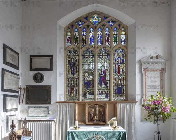Stained glass window detail Saint Anne and Virgin Mary female saints, Aldeburgh church, Suffolk, England, UK c 1929 A K Nicholson