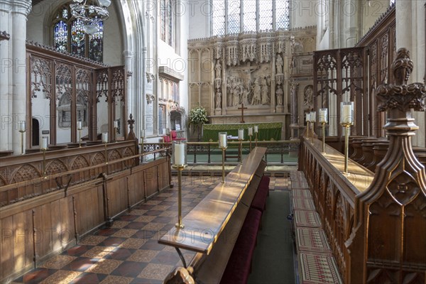 Altar reredos 1877 carved of Caen stone, Holy Trinity Church, Long Melford, Suffolk, England, UK