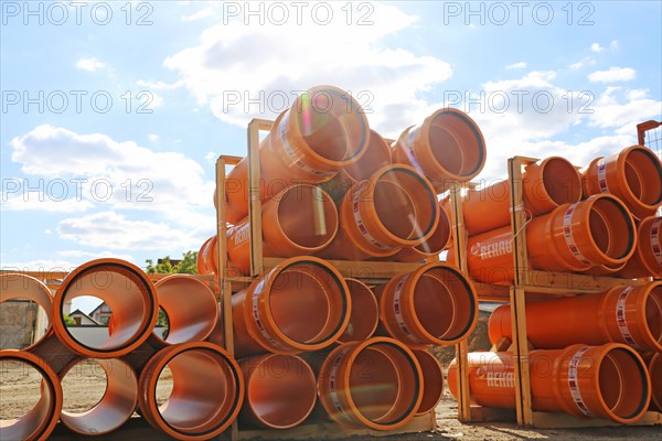 Stack of KG pipes on a construction site (Mutterstadt, Germany, 15/05/2019), Europe