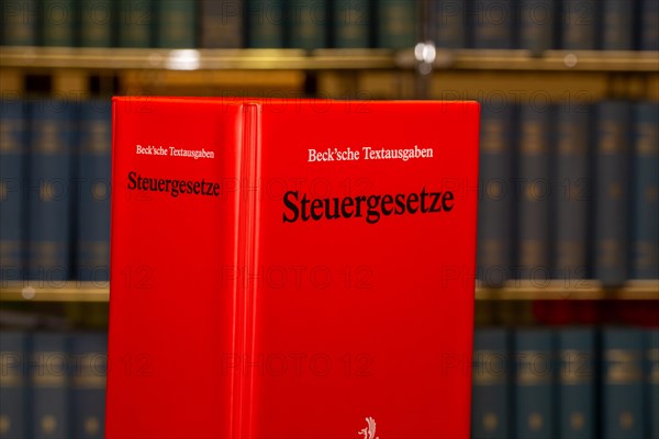 Symbolic image of tax advice: specialist book STEUERGESETZE from Beck-Verlag in front of a bookshelf