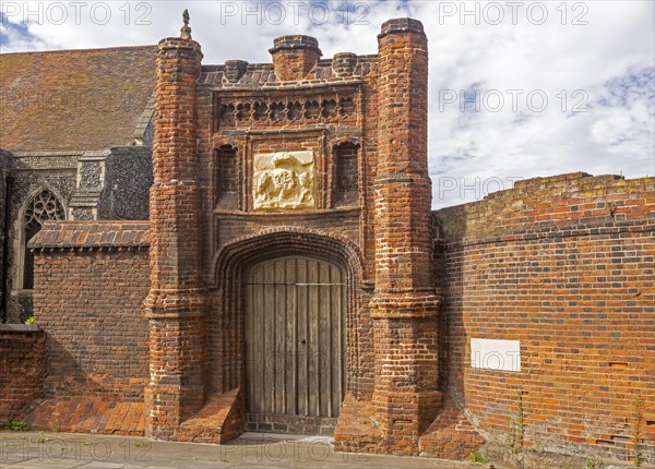 Red brick Tudor gateway Wolsey's Gate, Ipswich, Suffolk, England, UK, Cardinal Thomas Wolsey 1530s