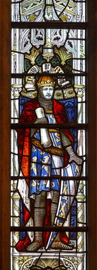 Stained glass window Henry de Bohun and Magna Carta, church of Saint James, Trowbridge, Wiltshire, England, UK