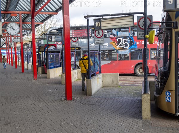 Buses at bus station in town centre, Swindon, Wiltshire, England, UK